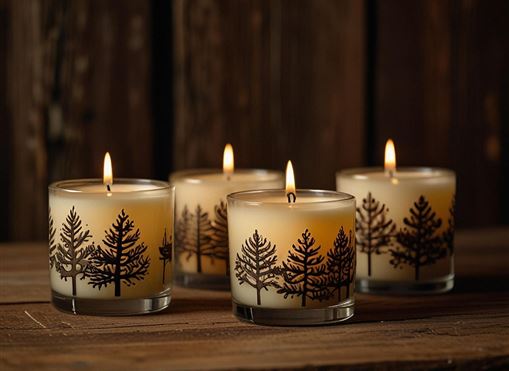 Vier Kerzen in Glasbehältern mit Baum-Motiven stehen auf einem Holztisch. Die Kerzen sind angezündet und strahlen eine gemütliche Atmosphäre aus.