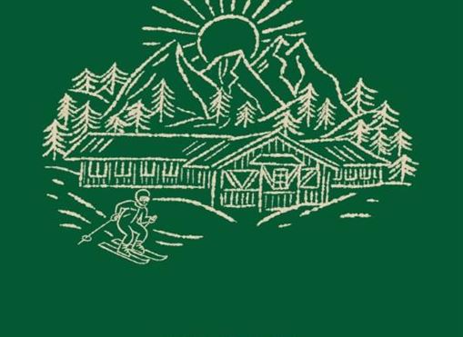 Eine einfache Zeichnung eines Bergmotivs mit einer Hütte und einem Skifahrer. Die Szene ist umgeben von Bäumen und zeigt eine Sonne hinter den Bergen.