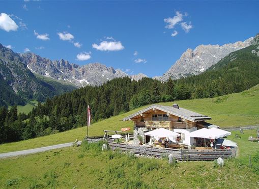 Eine gemütliche Berghütte umgeben von üppigen Wiesen und majestätischen Bergen. Der Himmel ist klar und blau mit einigen Wolken.