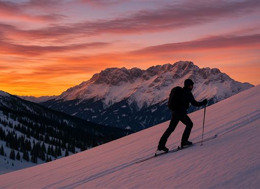 Ein Skifahrer wandert auf einer verschneiten Piste. Im Hintergrund leuchtet der Himmel in warmen Farben bei Sonnenuntergang.