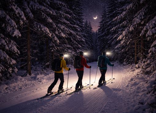 Drei Skifahrer in heller Winterkleidung stehen auf einer verschneiten Piste unter einem klaren Nachthimmel. Der Mond scheint und die Bäume sind mit Schnee bedeckt.