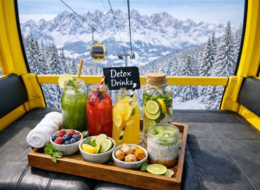 A wooden board with various detox drinks and snacks is positioned in a gondola. In the background, there are snow-covered mountains and a clear blue sky.
