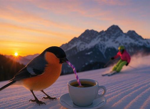 Ein Vogel trinkt aus einer kleinen Tasse, während im Hintergrund ein Skifahrer die Piste hinunterfährt. Die Sonne geht hinter den Bergen unter und sorgt für eine schöne Abendstimmung.