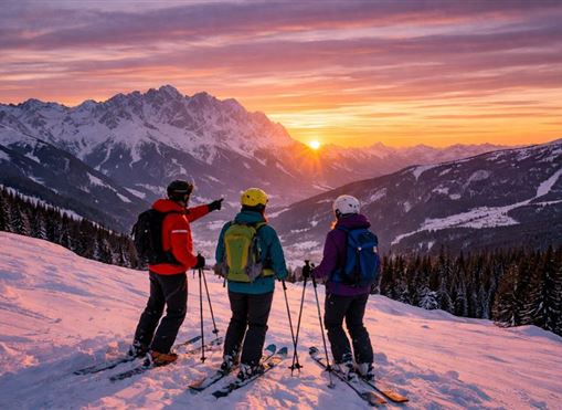 Drei Ski-Fahrer stehen auf einem verschneiten Hang und beobachten den Sonnenuntergang hinter majestätischen Bergen. Die Atmosphäre ist friedlich und malerisch.