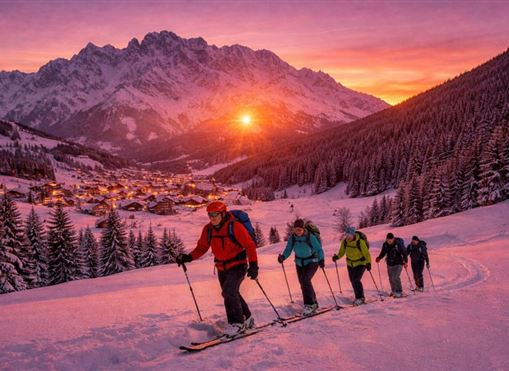 Eine Gruppe von Skifahrern wandert im Schnee bei Sonnenuntergang. Im Hintergrund sind majestätische Berge und eine verschneite Landschaft zu sehen.
