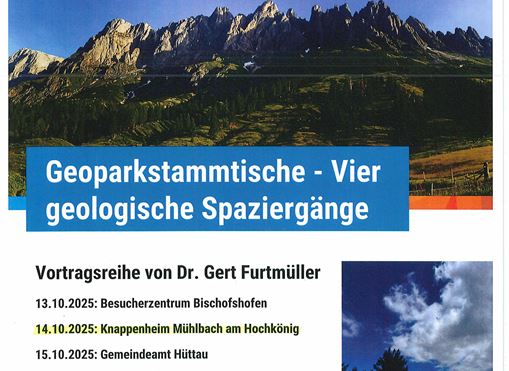 Ein Informationsflyer über geologische Spaziergänge im Geopark. Die Veranstaltungen finden in verschiedenen Orten statt und werden von Dr. Gert Furtmüller geleitet.