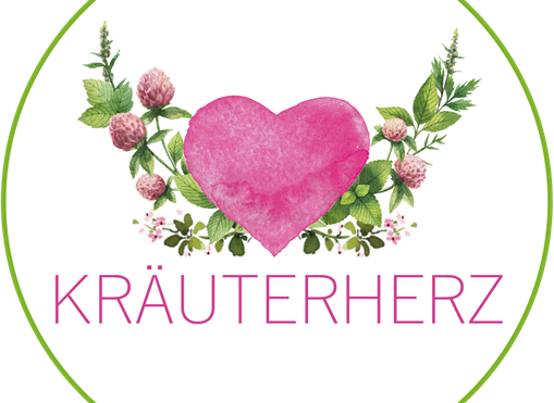 Ein runder, bunter Logo mit einem herzförmigen Symbol in Pink und grünen Pflanzen. Darunter steht der Name „Kräuterherz“ in einem modernen, pinken Schriftzug.