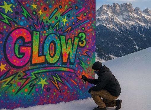 Ein Künstler sprayt ein buntes Graffiti mit dem Wort "GLOW³" in einer verschneiten Berglandschaft. Im Hintergrund sind majestätische Berge zu sehen.