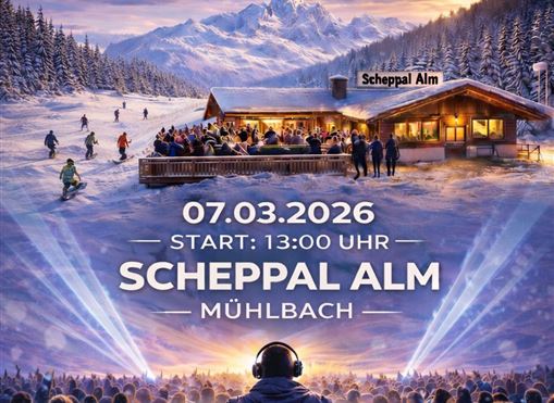 Ein Plakat für das Mountunes Event in der Scheppal Alm. Es zeigt eine winterliche Berglandschaft mit Menschen, die zu elektronischer Musik tanzen.