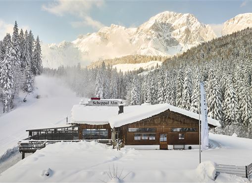A cozy mountain cabin in the snow, surrounded by towering trees and mountains. The sky is clear and the landscape radiates winter tranquility.