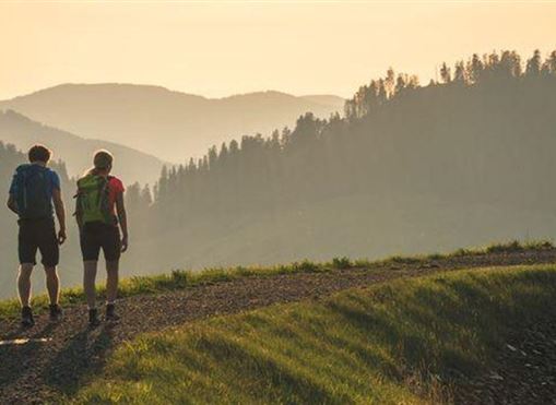 Ein Paar Wanderer steht auf einem schmalen Weg und blickt auf die sanften Berge. Die Sonne scheint und verleiht der Landschaft eine warme, goldene Ausstrahlung.