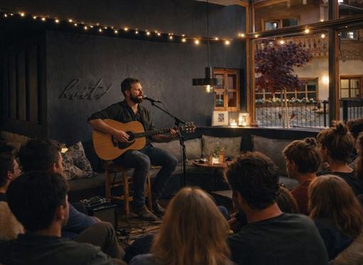 Ein Musiker spielt akustische Gitarre und singt in einem gemütlichen Raum. Das Publikum sitzt aufmerksam und genießt die Performance bei warmem Licht und einer einladenden Atmosphäre.