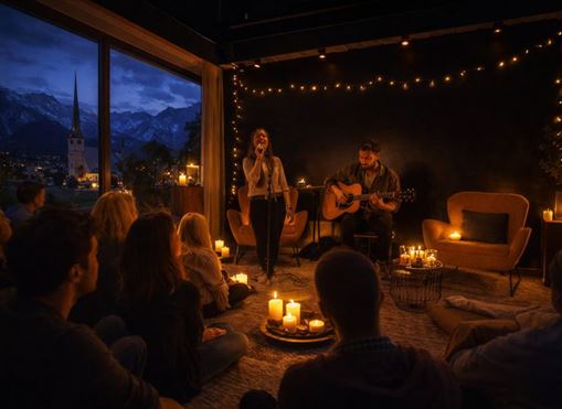 Ein gemütliches Wohnzimmer mit dimmertem Licht und Kerzen. Eine Sängerin und ein Musiker spielen live vor einem Publikum, während die Berge im Hintergrund sichtbar sind.