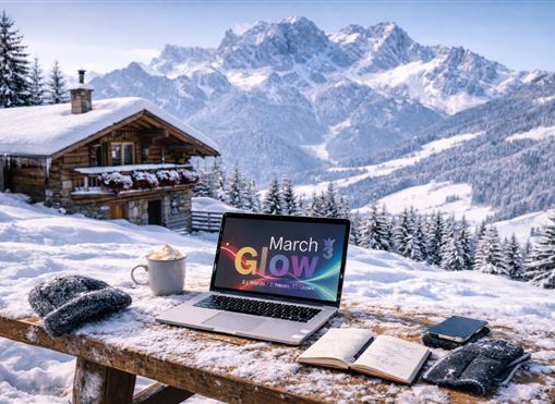 Ein Computer steht auf einem Holztisch in der verschneiten Berglandschaft. Im Hintergrund sind schneebedeckte Berge und ein Holzhaus zu sehen.
