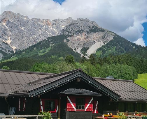 Ein gemütliches Chalet in den Bergen mit einer wunderschönen Berglandschaft im Hintergrund. Grüne Wiesen und ein klarer blauer Himmel ergänzen die Idylle.